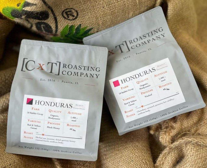 CxT Roasting Company coffee bags with roast dates.