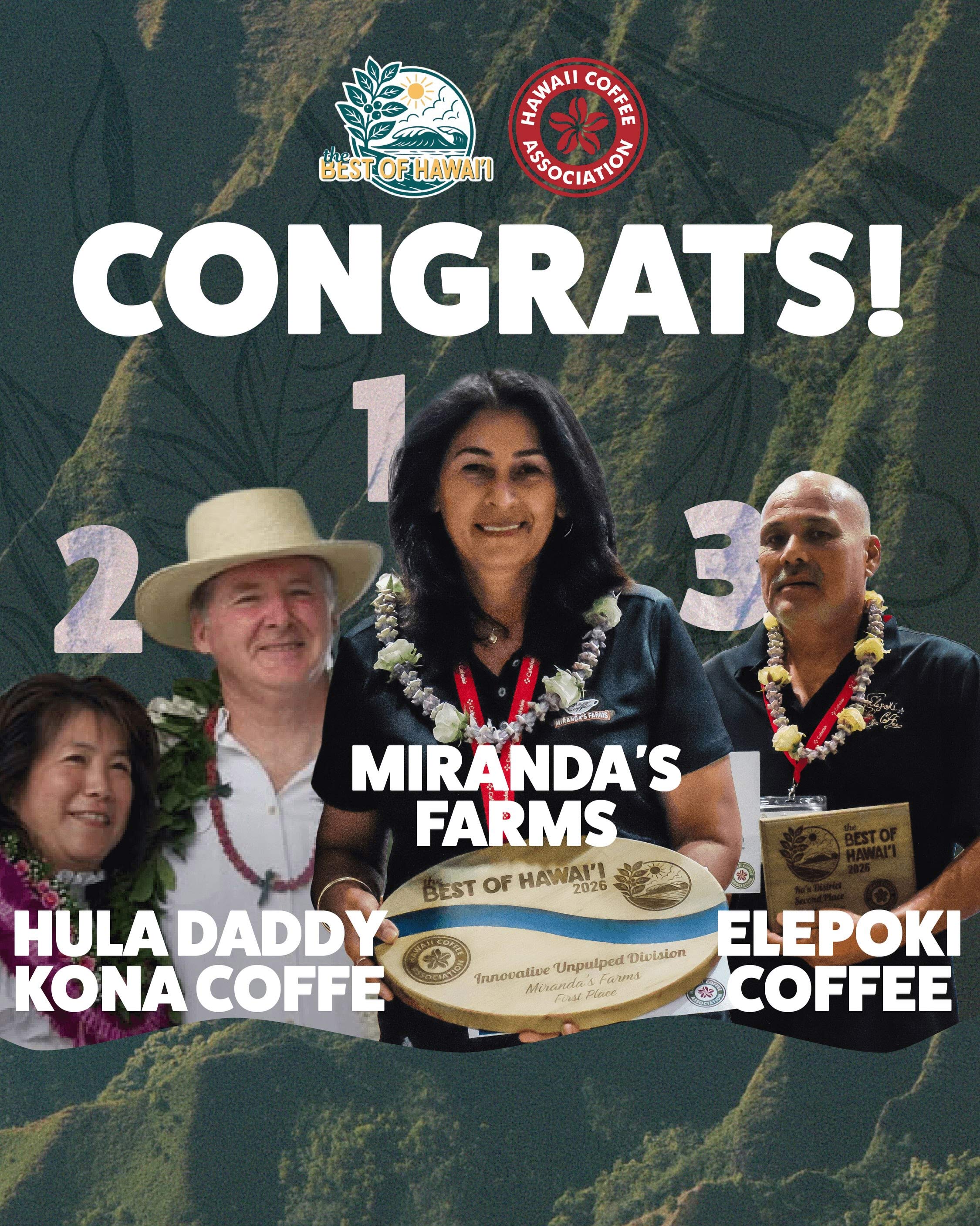 Best of Hawaiʻi 2026 top three coffee winners: Miranda's Farms, Hula Daddy Kona Coffee, and Elepoki Coffee