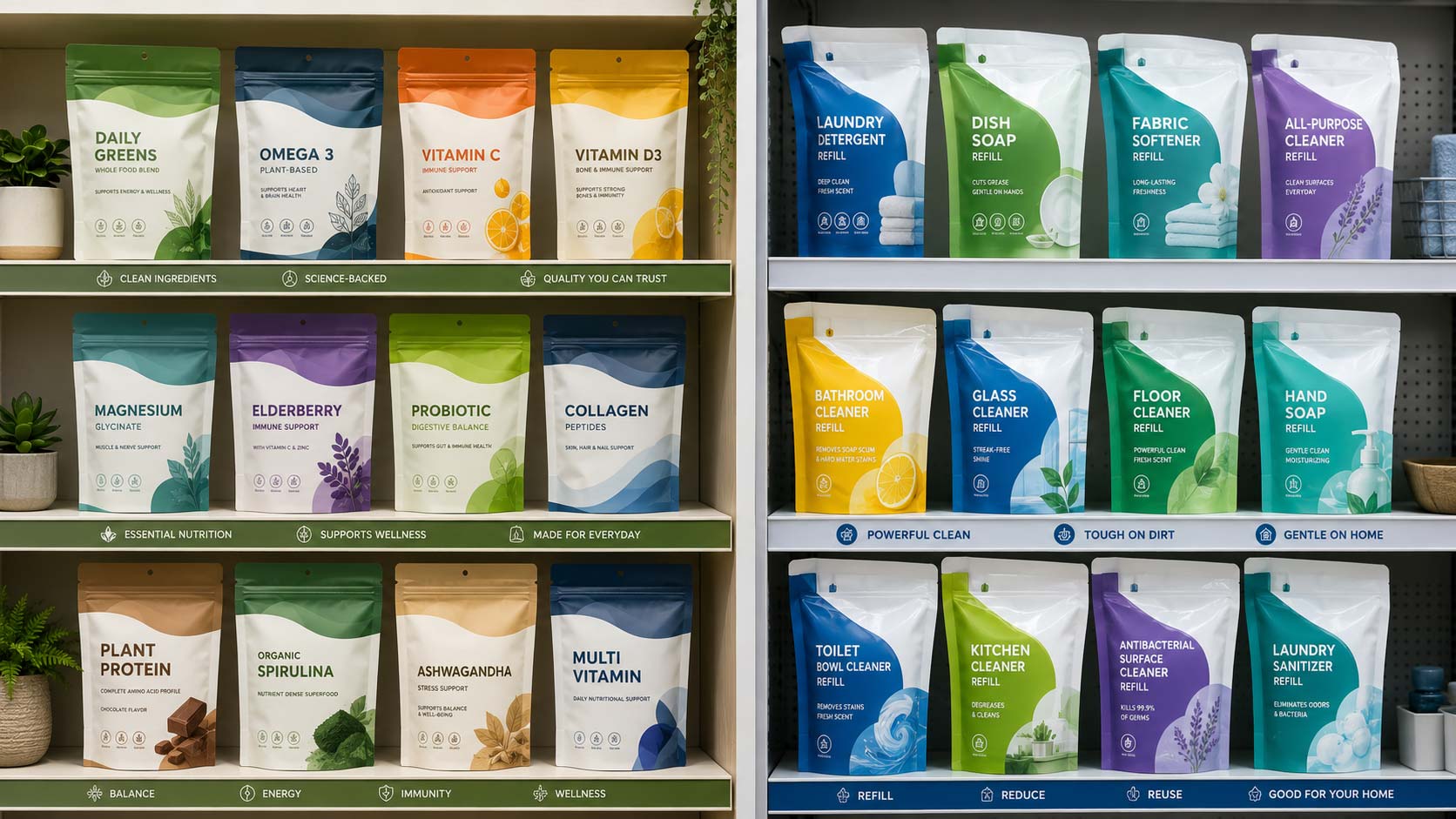 Retail shelves of child-resistant supplement pouches on the left and household cleaning pouches on the right