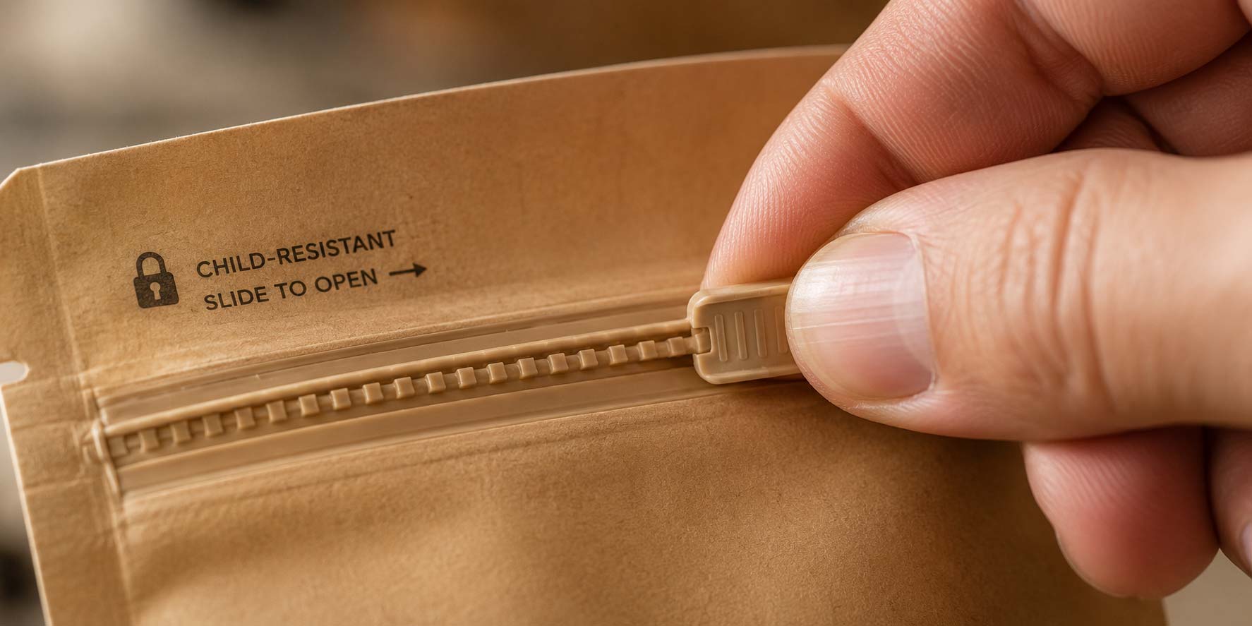 An adult hand pressing and sliding open a child-resistant zipper on a kraft pouch