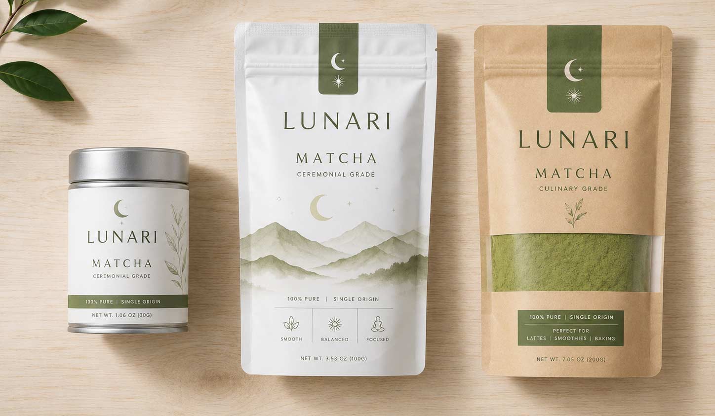 Custom printed matcha packaging stand-up bags next to a matcha tin