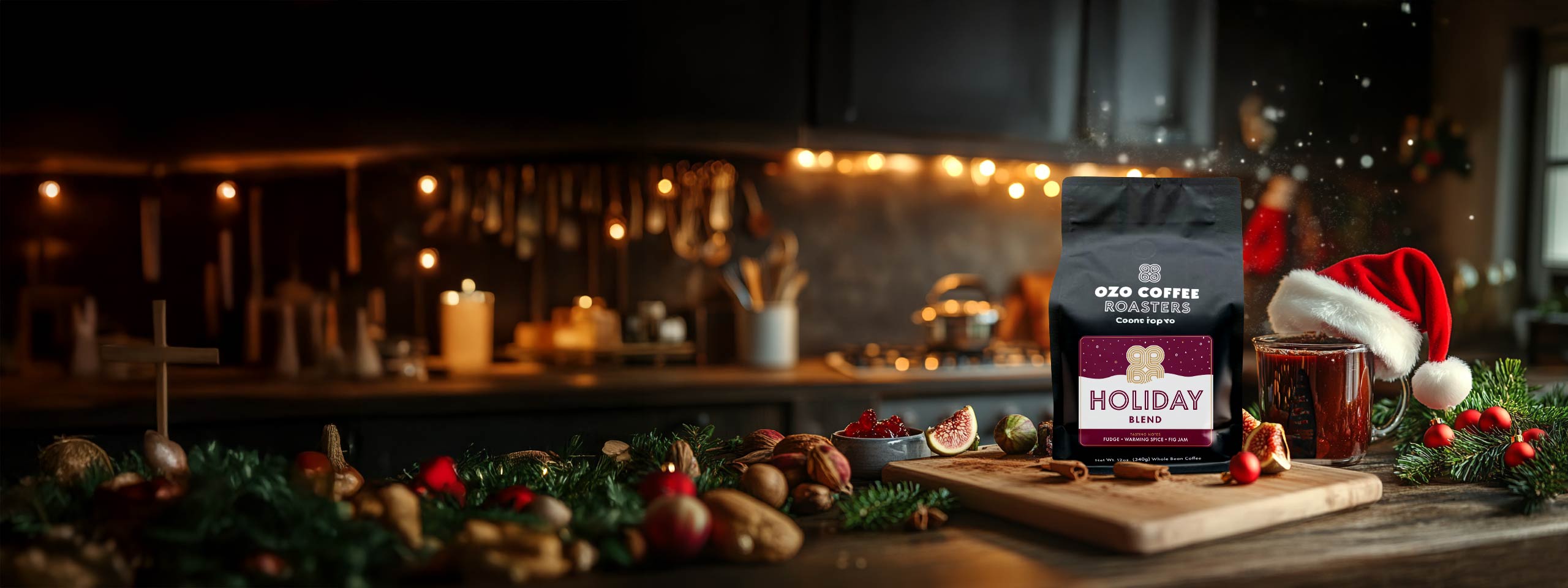 Holiday background with OZO  Coffee Bag by Savor Brands