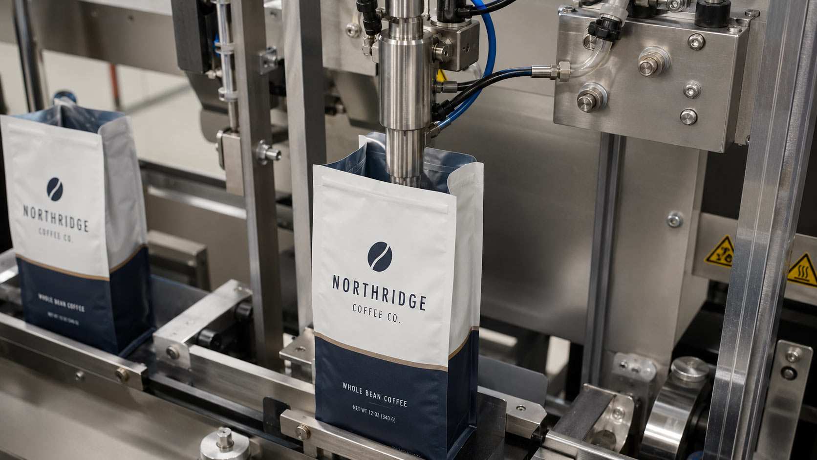 A coffee bag moving through a form fill and seal line with a nozzle injecting gas before the seal closes