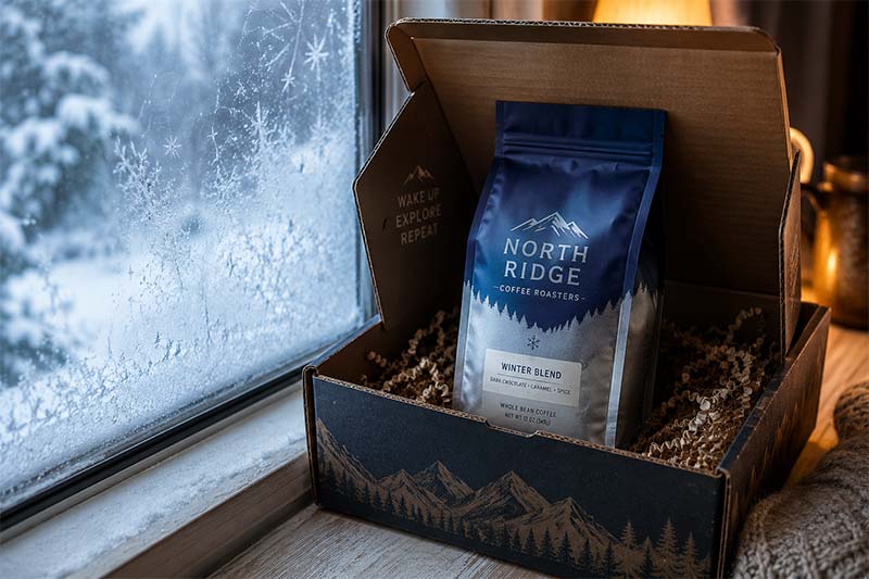 Cajas y bolsas de café en invierno