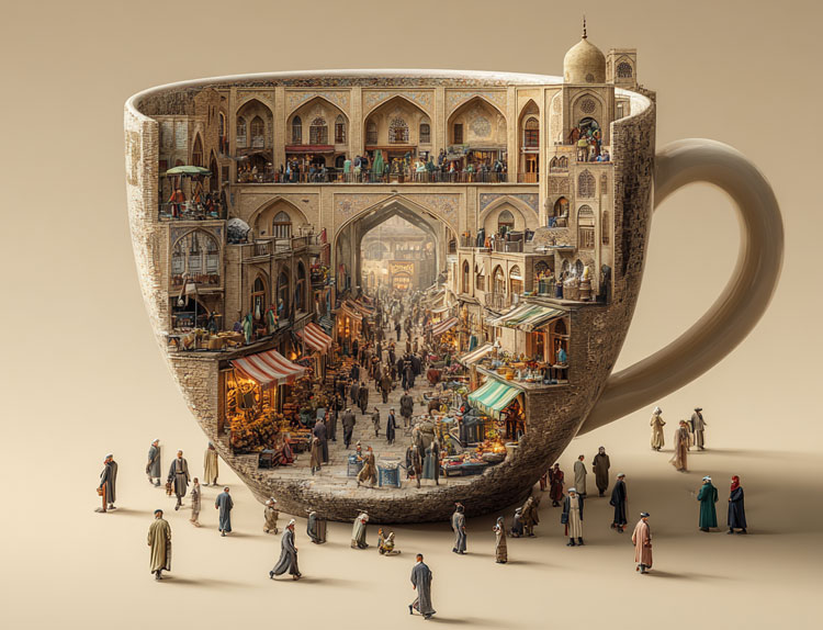 Half Cut open coffee cup with city inside