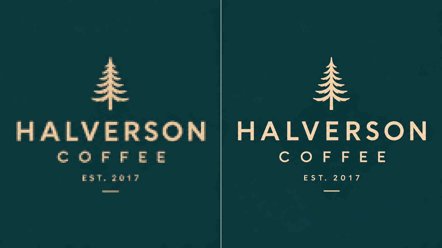 A detail enlarged from a small file showing soft blurred edges beside the same detail drawn as vector artwork staying sharp