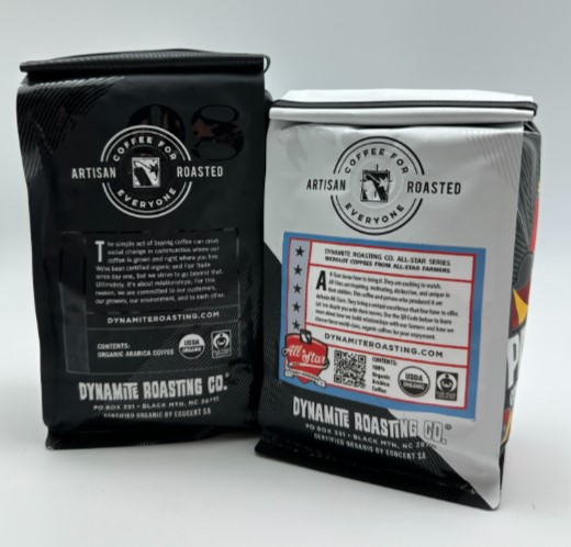 Alma Coffee's bag with address on bottom panel.
