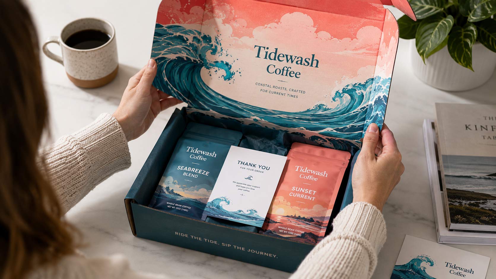 Two hands opening a vibrant printed mailer box revealing coffee bags, tissue, and a small printed thank-you insert card