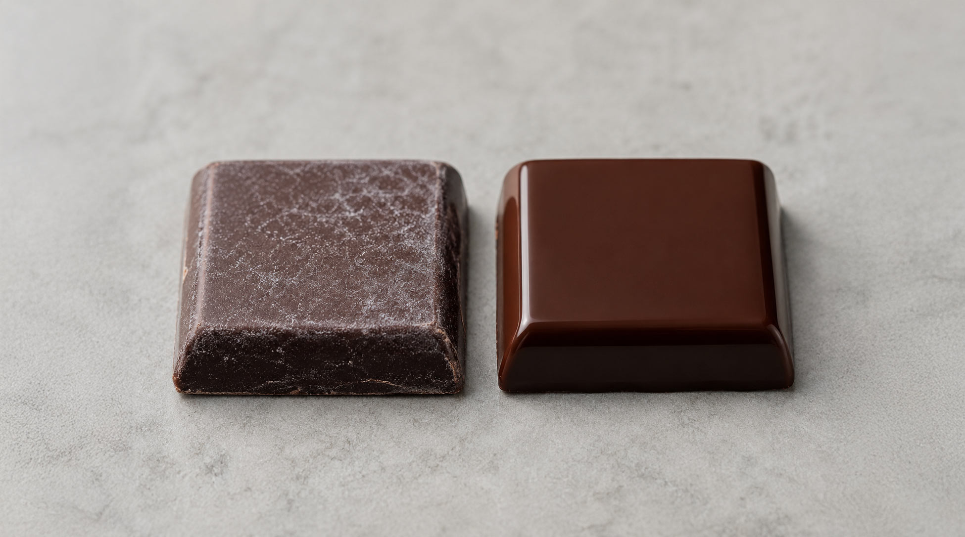 Close-up comparing a dull, grayish bloomed square of dark chocolate beside a glossy, smooth protected square