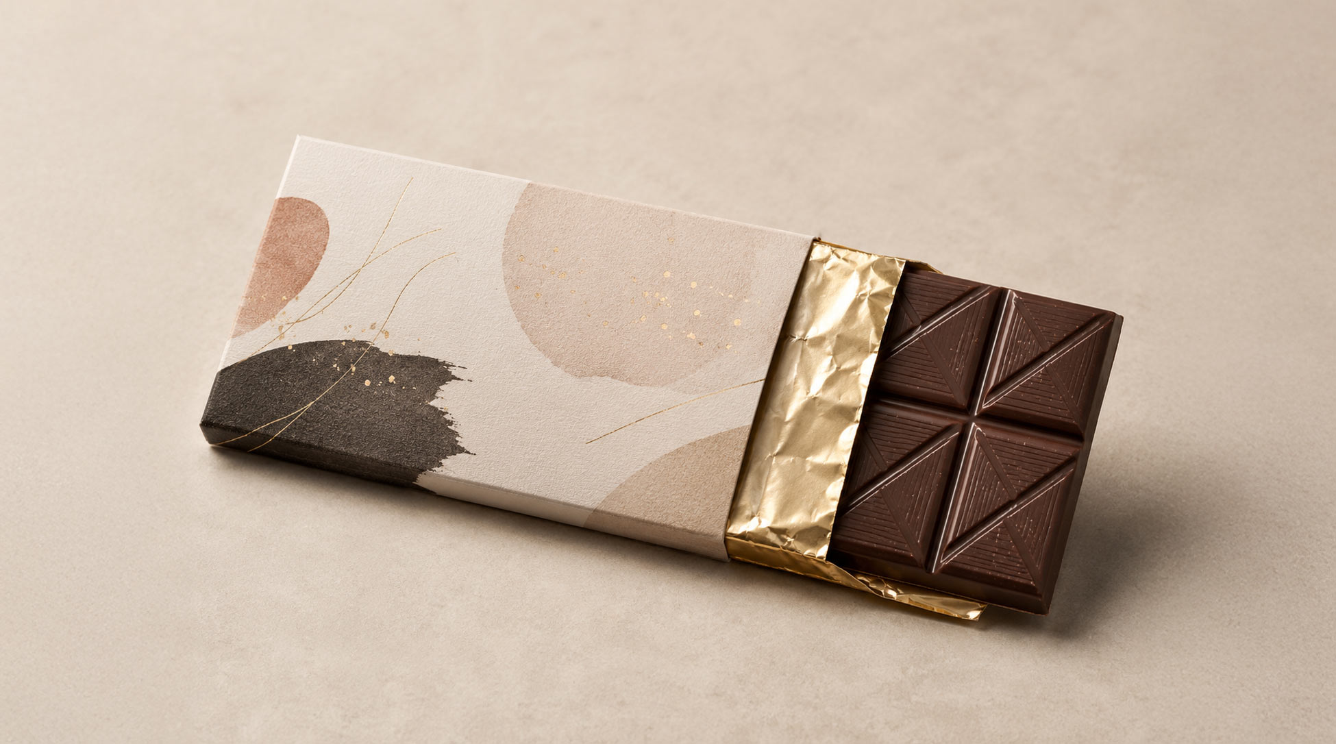 A craft chocolate bar shown half unwrapped, a matte printed paper sleeve slid partway off to reveal a foil inner wrap and one corner of the molded bar