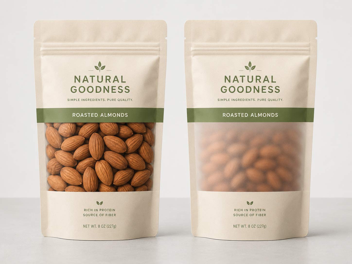 Two food stand-up pouches side by side, one with a fully clear window showing the product sharply and one with a frosted window that softens and hides some detail