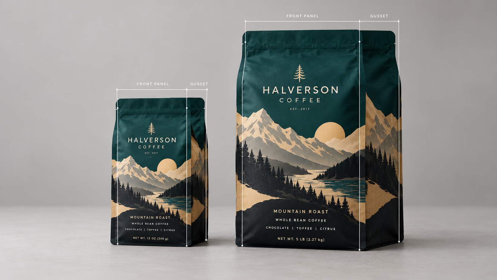 A 12 oz and a 5 lb coffee bag side by side showing how the gusset and front panel proportions differ between the two sizes