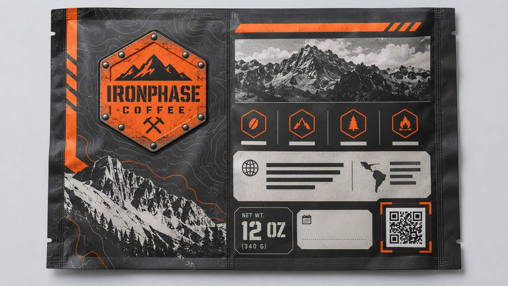 A coffee bag back panel layout showing a 2D code with its quiet zone marked alongside the net weight, roast date space and origin text