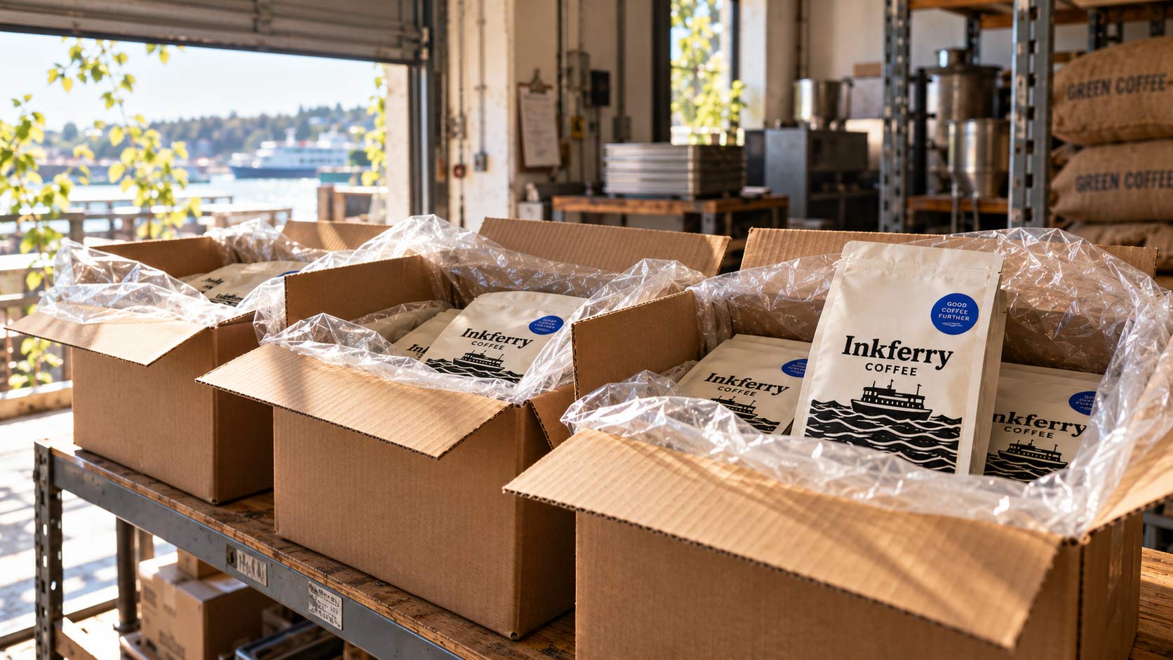 Open cartons of coffee bags standing in a ventilated room with the liners folded back, airing before filling