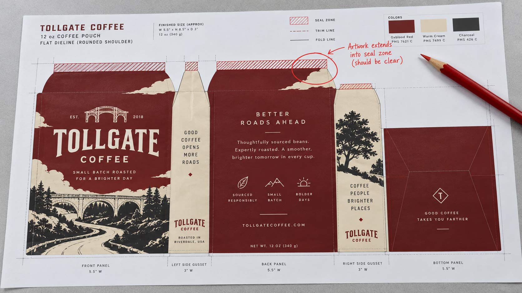 Un dieline de bolsa de café con la zona de sellado marcada y un gráfico de fondo que se extiende dentro de ella