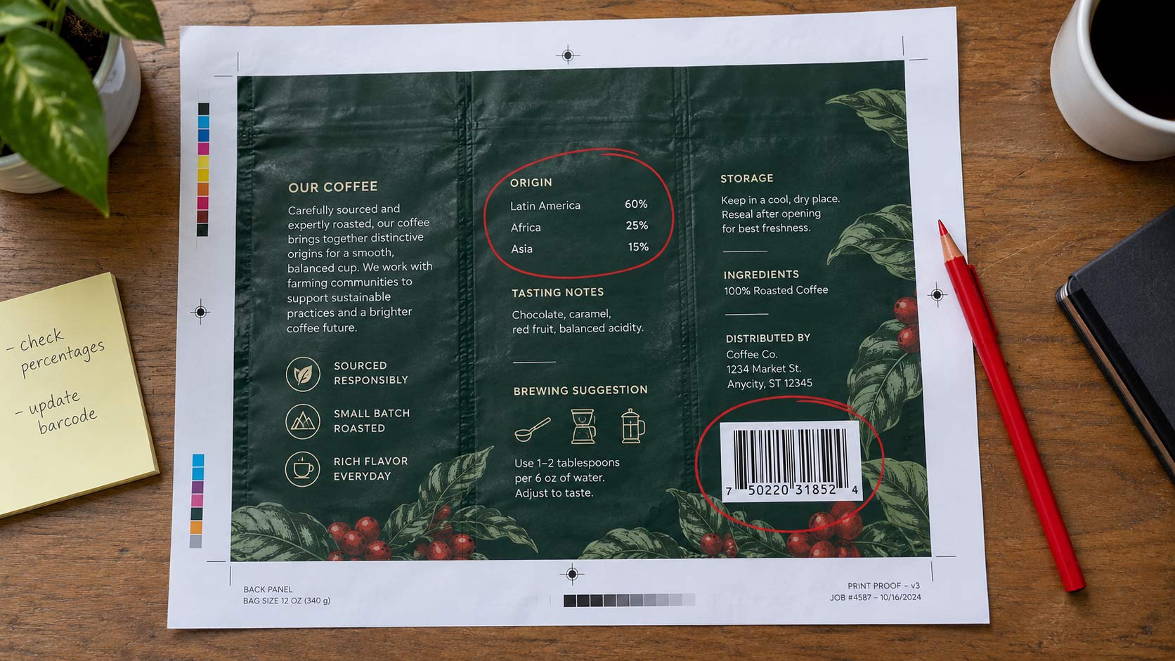 A printed proof of a coffee bag back panel with the origin percentages and barcode area marked up for revision