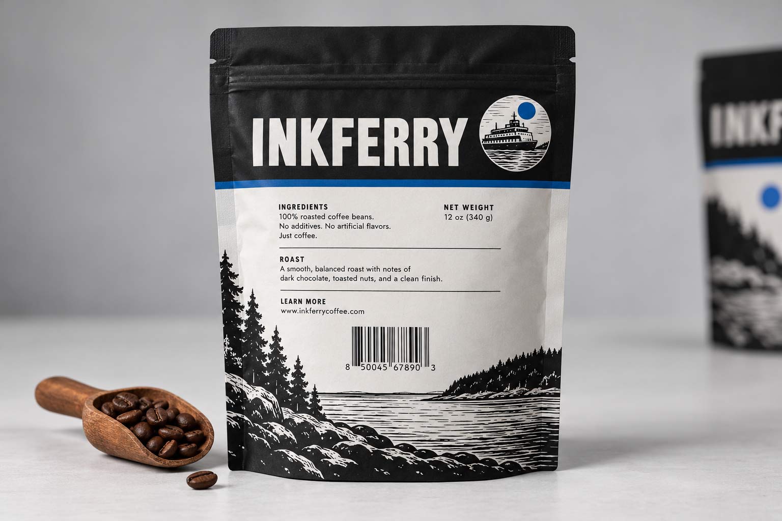 A coffee bag back panel with ingredients and legal copy set in one solid ink on a light panel, and large reversed type kept for the brand name