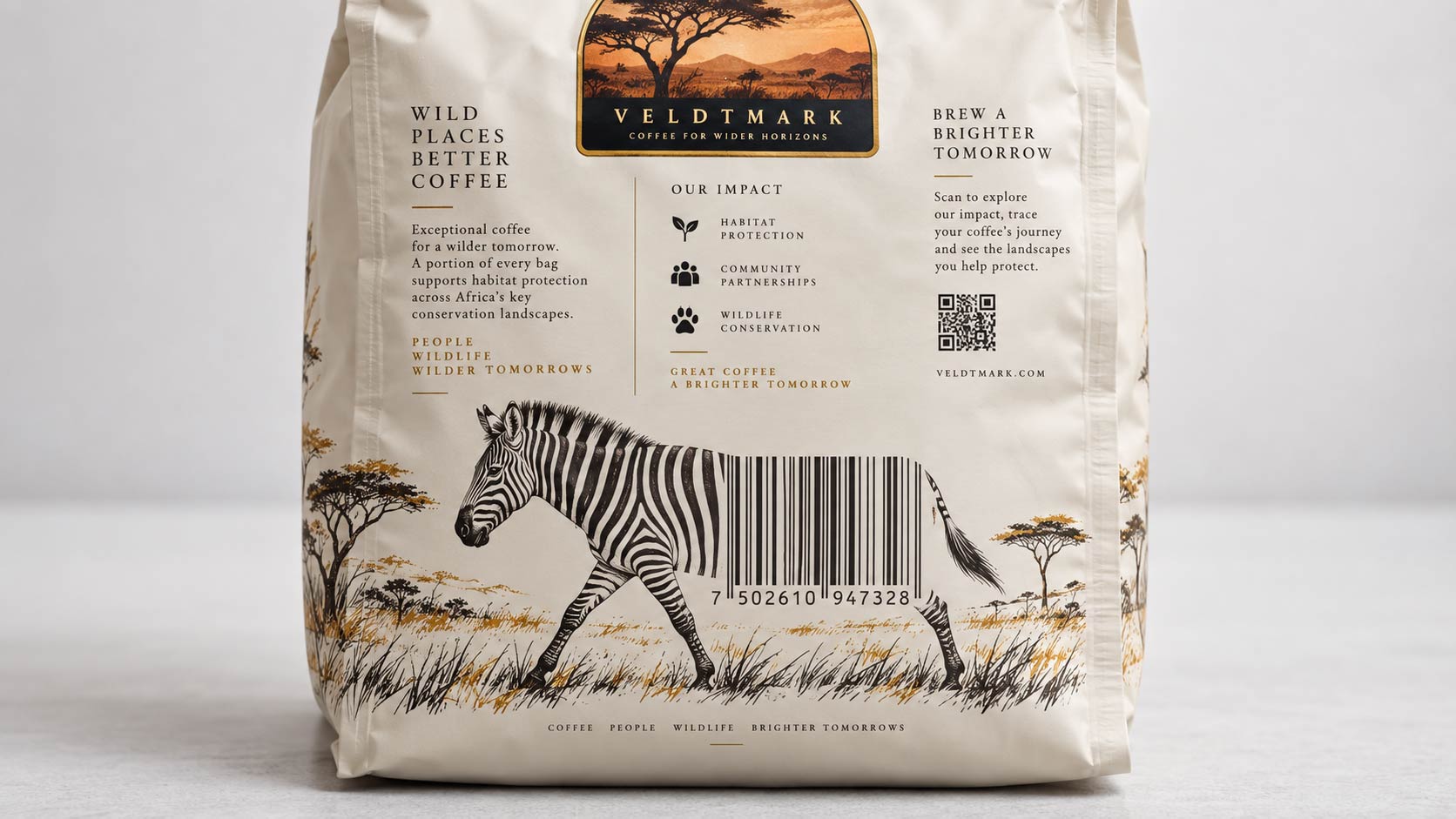 Back panel of a safari coffee bag where the stripes on a line-art zebra resolve into a working barcode with full height bars and a clear quiet zone