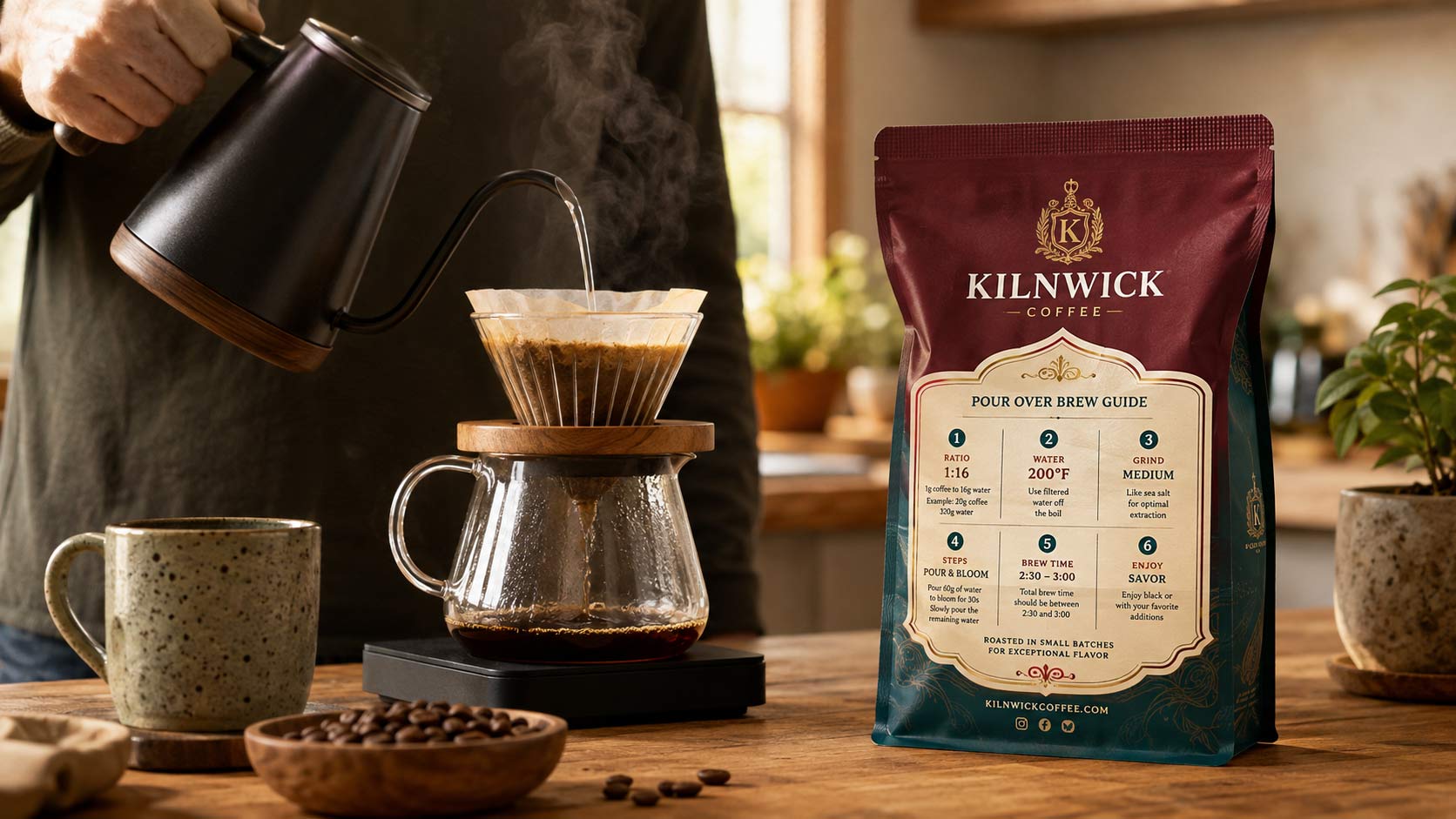 A hand brewing pour-over coffee beside a bag turned to show its printed brew guide on the counter