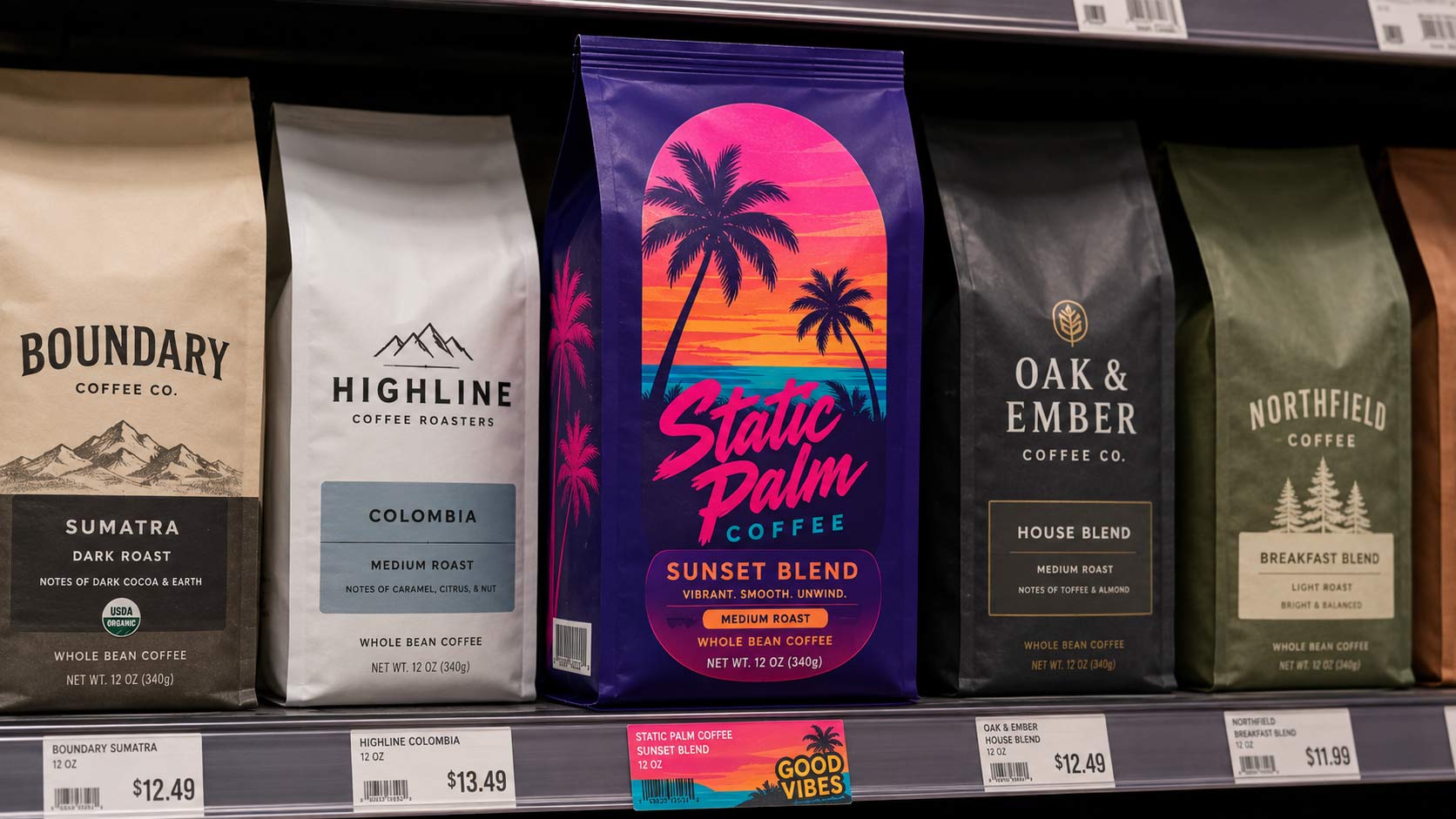 The same coffee brand's bag adapted for wholesale, retail, and direct-to-consumer channels