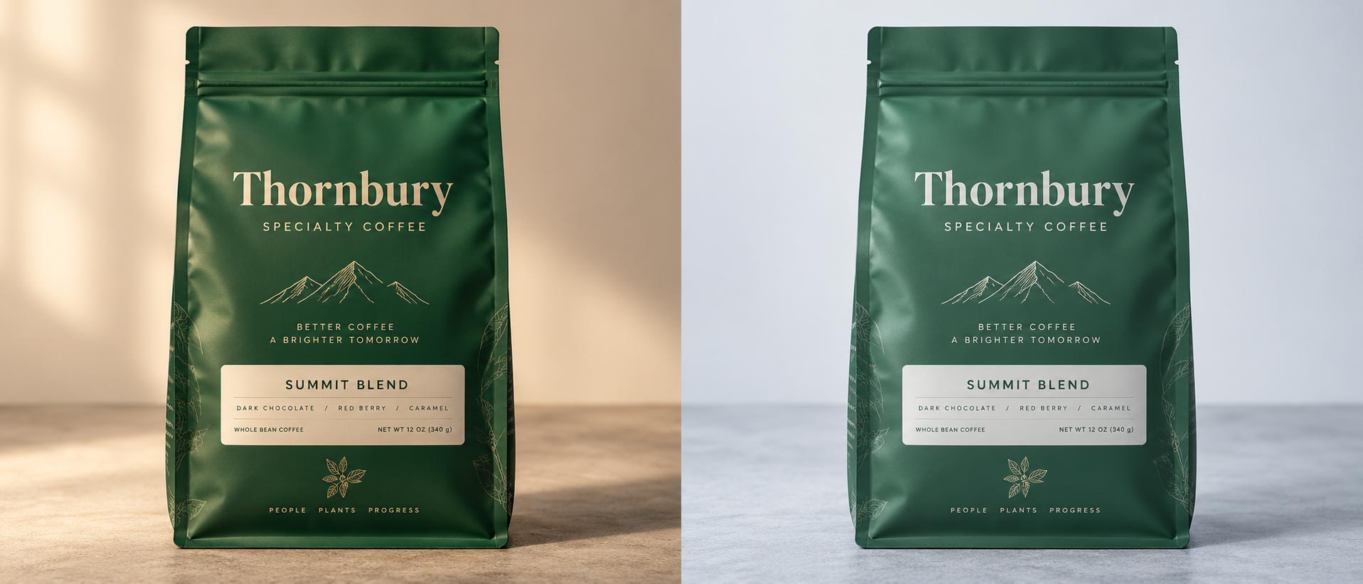 The same coffee bag photographed under warm studio light and under cool retail lighting, showing the colour reading differently in each