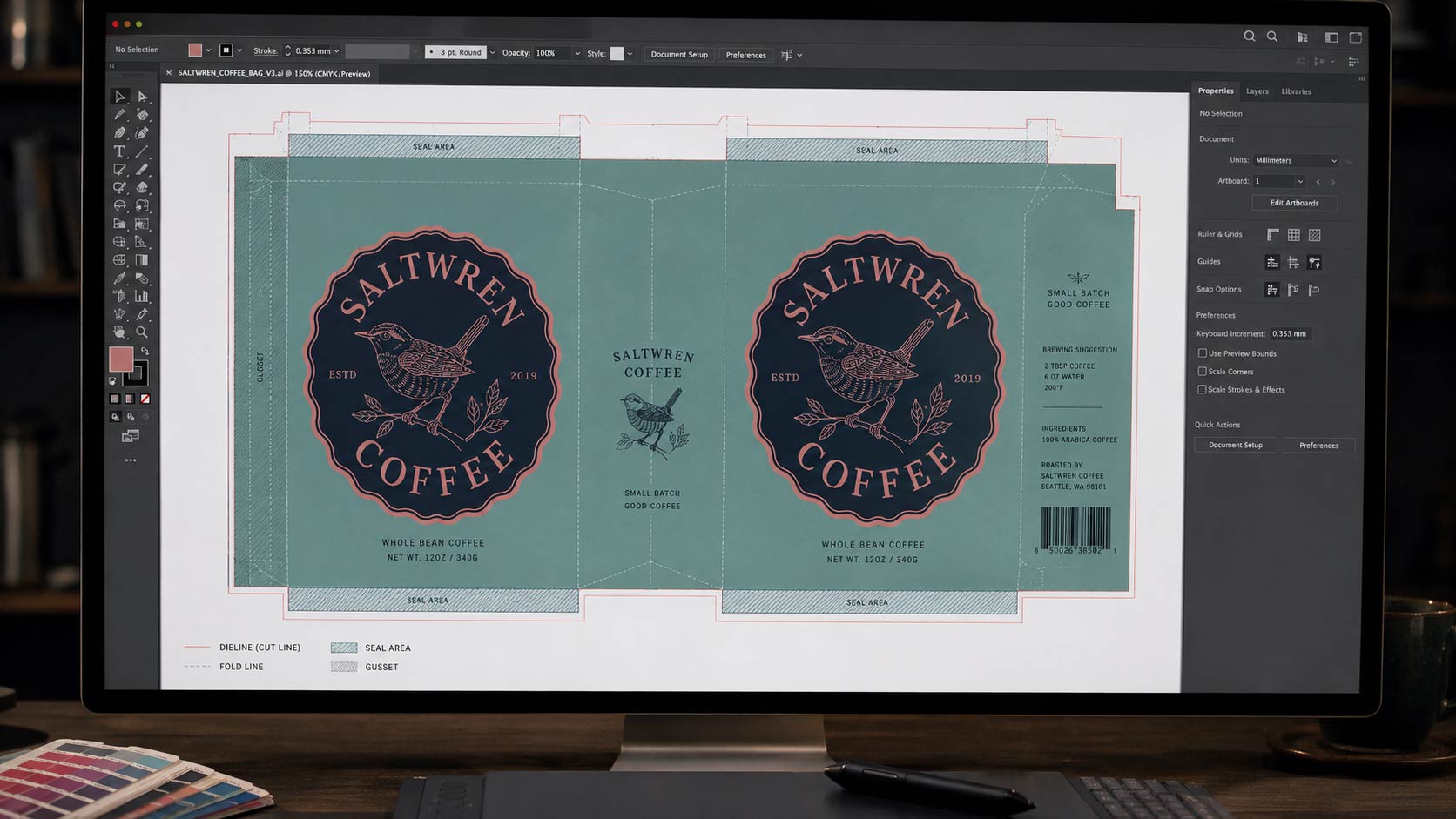 A designer's screen showing a coffee bag dieline template with the artwork layer selected, next to a printed proof of the same bag on the desk
