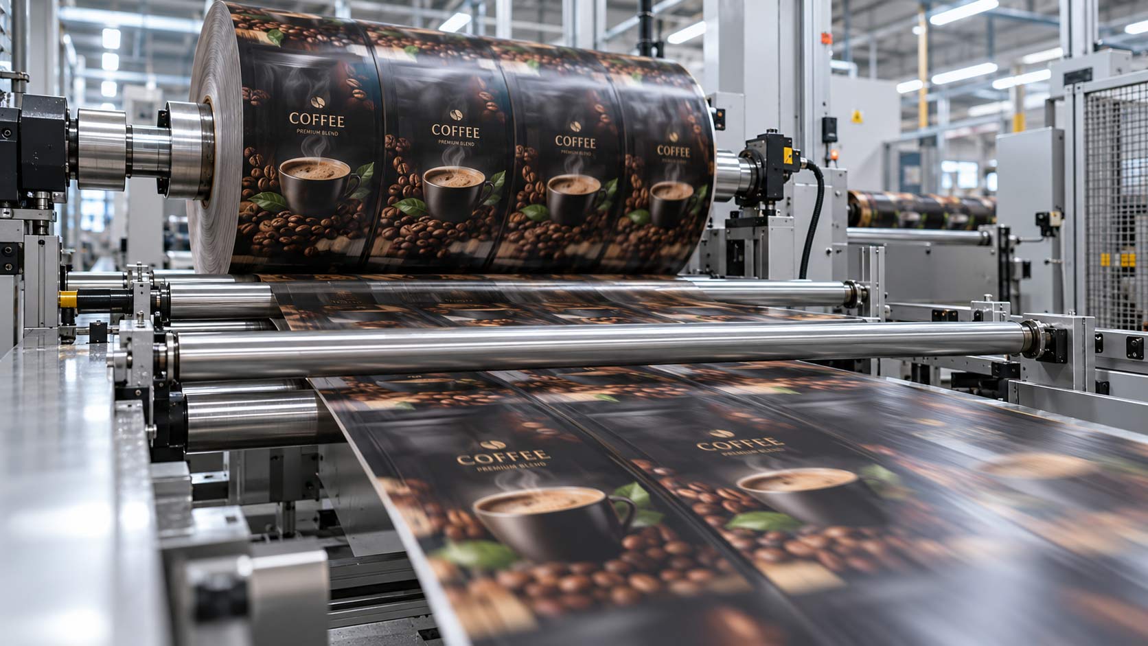 A large roll of printed coffee bag film on a converting line with the web running off it, showing the direction the film travels through the machine