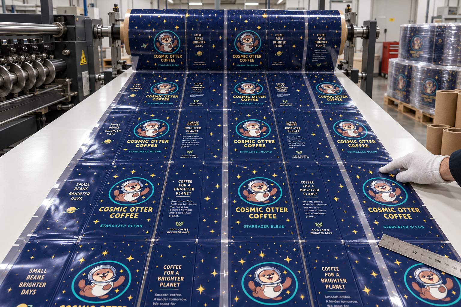A wide roll of printed coffee bag film showing several bag designs printed side by side across the width before slitting and bag making