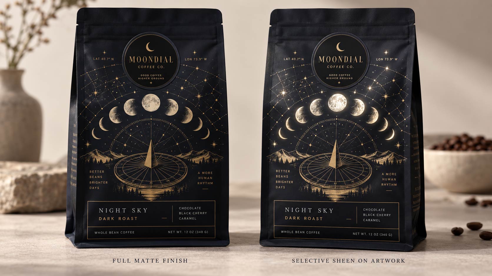 Two identical coffee bags side by side under the same light, the left one fully matte and flat, the right one with reduced varnish over selected elements so they catch the light