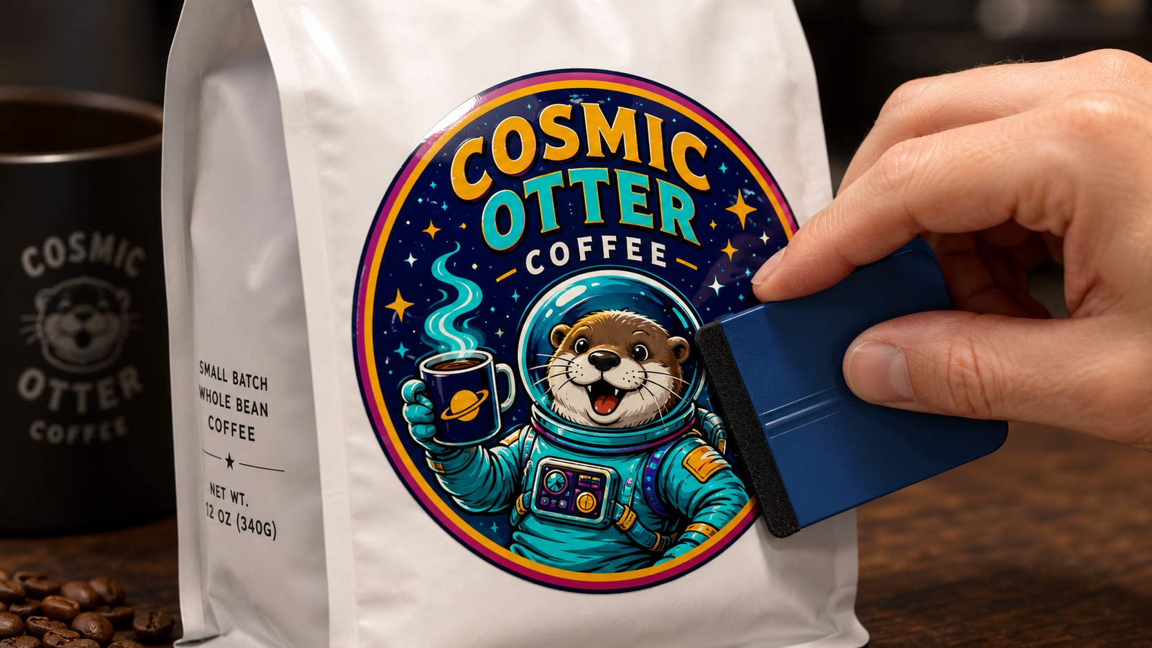 A hand pressing a label onto a stock coffee bag with a soft card, smoothing from the center outward so no air bubbles form