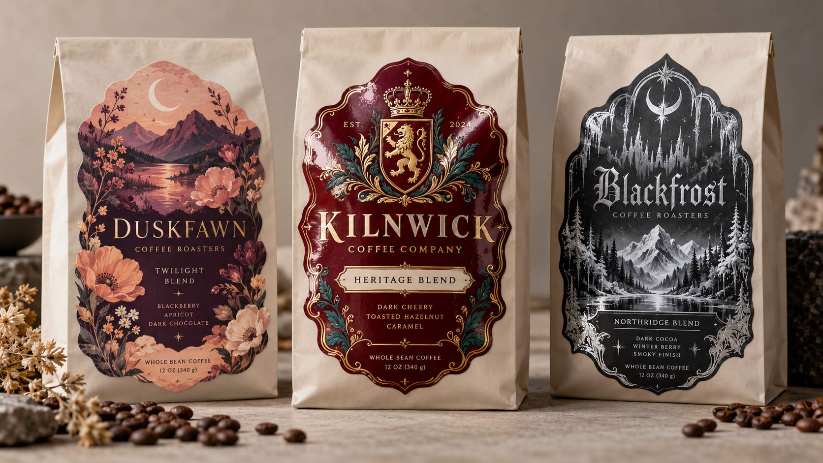 Three coffee bag labels side by side showing a matte finish, a high-gloss finish, and a gold-foil-stamped finish on the same style of stock bag
