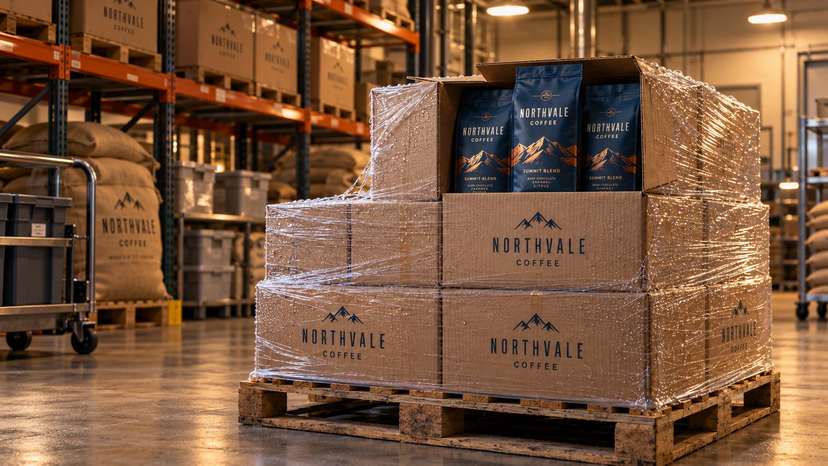 Una tarima envuelta de cajas de bolsas de café reposando cerrada en un cuarto tibio antes de abrirse