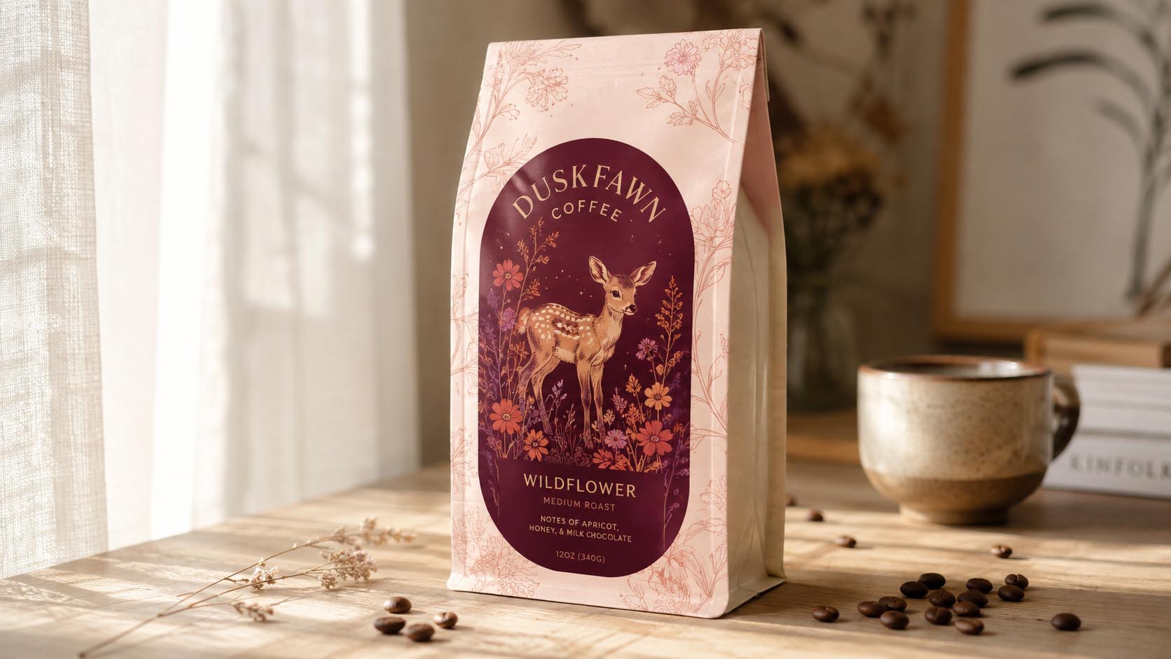 Una bolsa de café personalizada bellamente compuesta sobre una mesa de roble iluminada por el sol con luz suave de ventana matinal, granos esparcidos y una taza de cerámica desenfocada