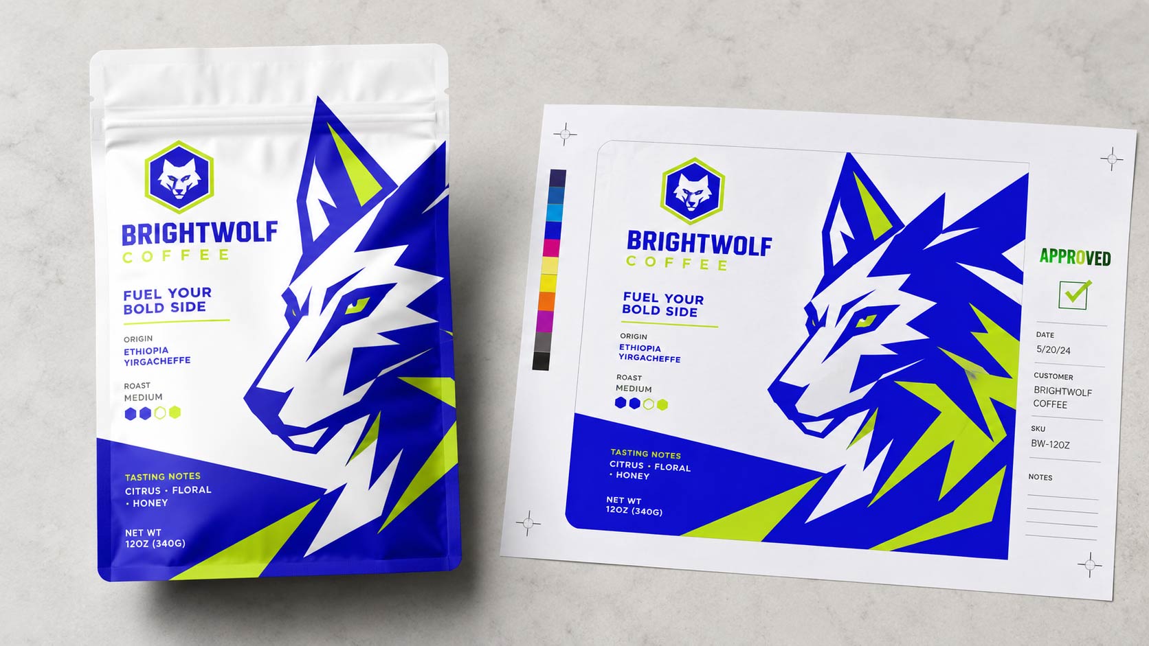 A finished custom-printed coffee bag laid next to the approved paper proof sheet on a light surface, the colors and layout matching after a successful press check