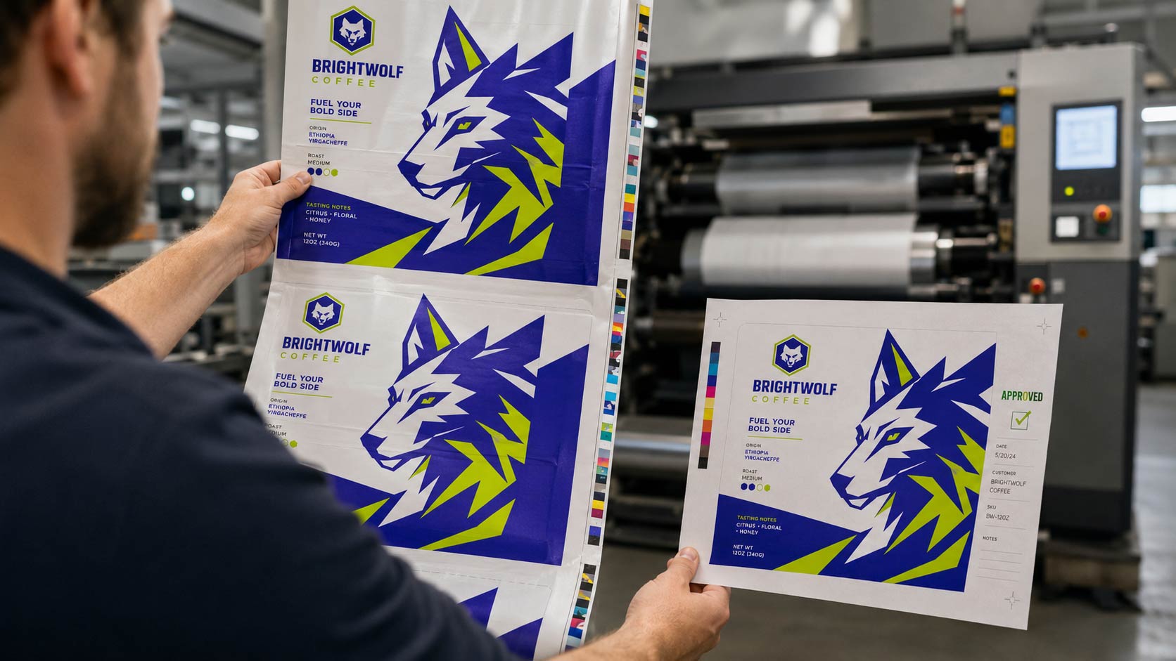 A print operator at the press holding a freshly printed custom coffee bag sheet up to the light and comparing it against the approved proof and color bar during a press check