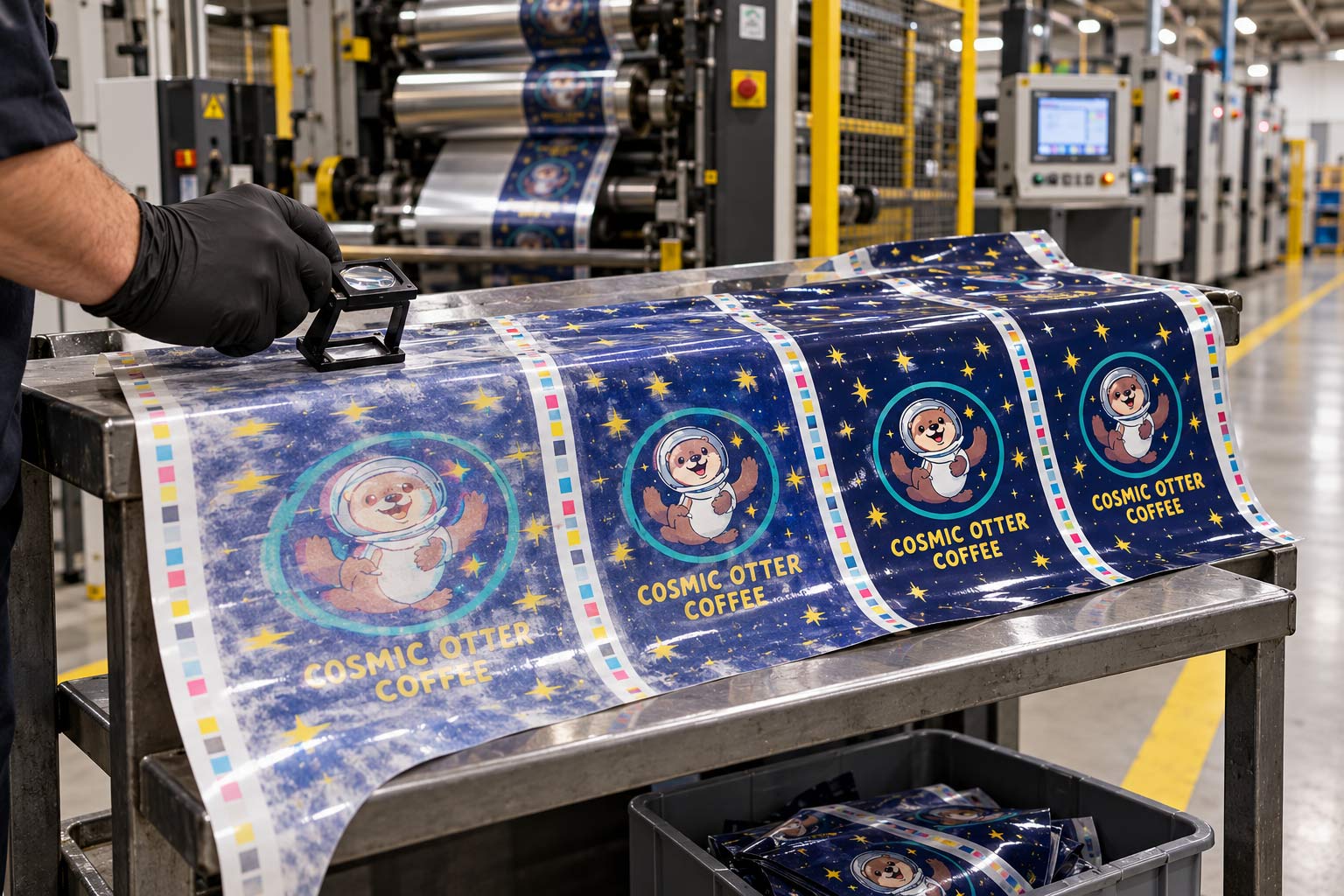 A roll of printed coffee bag film set aside as startup waste beside a running press, with color bars on the film showing the press being brought up to color
