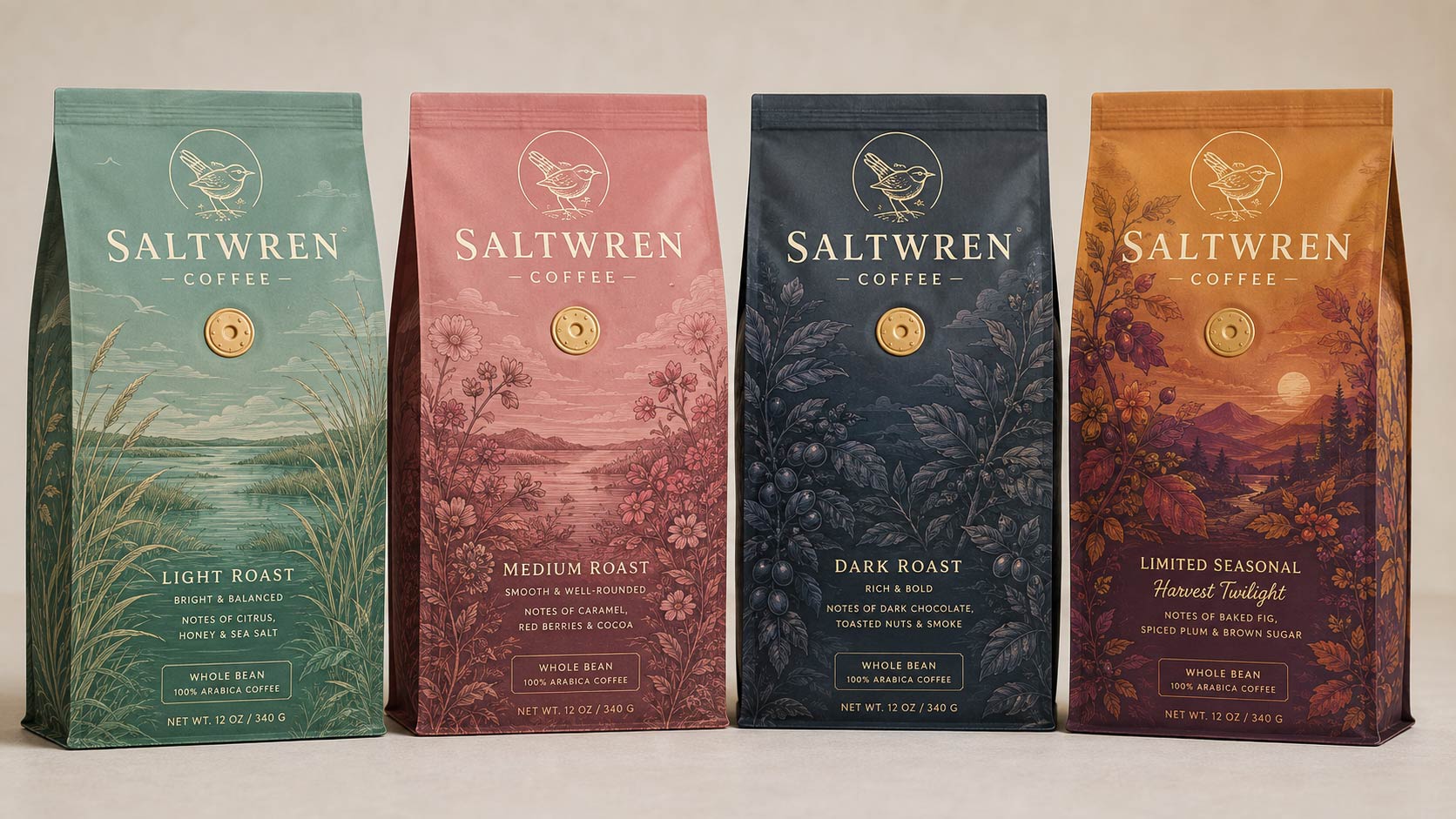 Four custom digital printed coffee bags in a row from one brand, light, medium, dark, and a limited seasonal roast, each a full-bleed printed design in a coordinated palette
