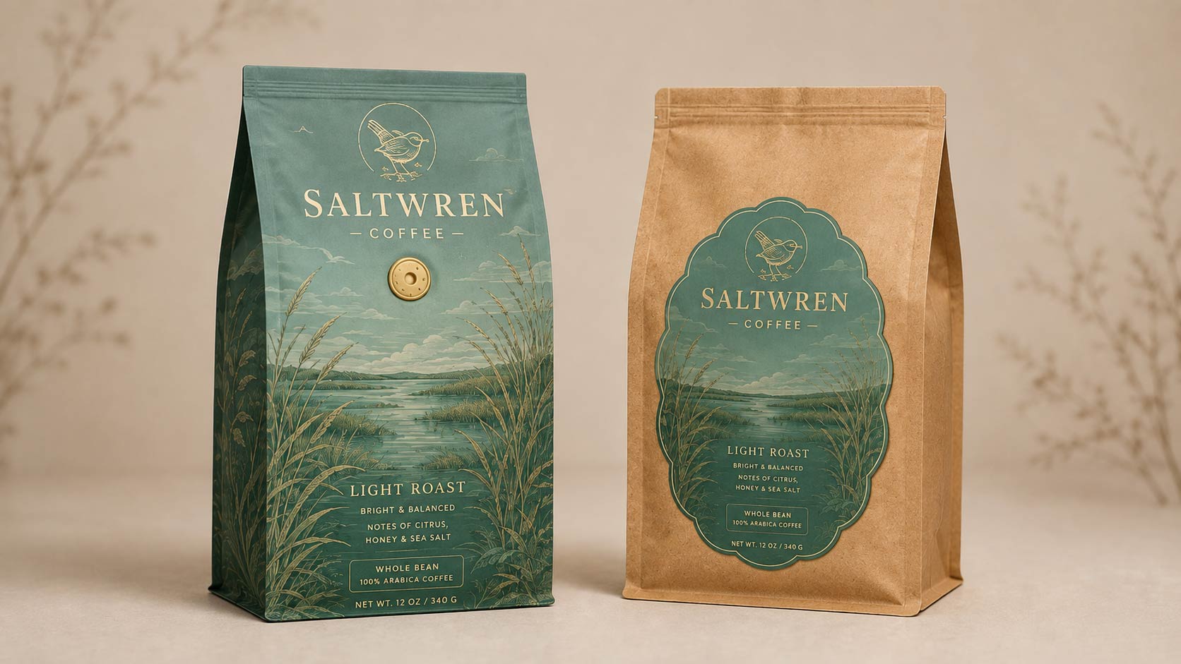 A blank kraft stock coffee bag finished with a single applied label shown beside a fully custom digital printed coffee bag, comparing the budget labeled-stock look with full-bleed custom printing