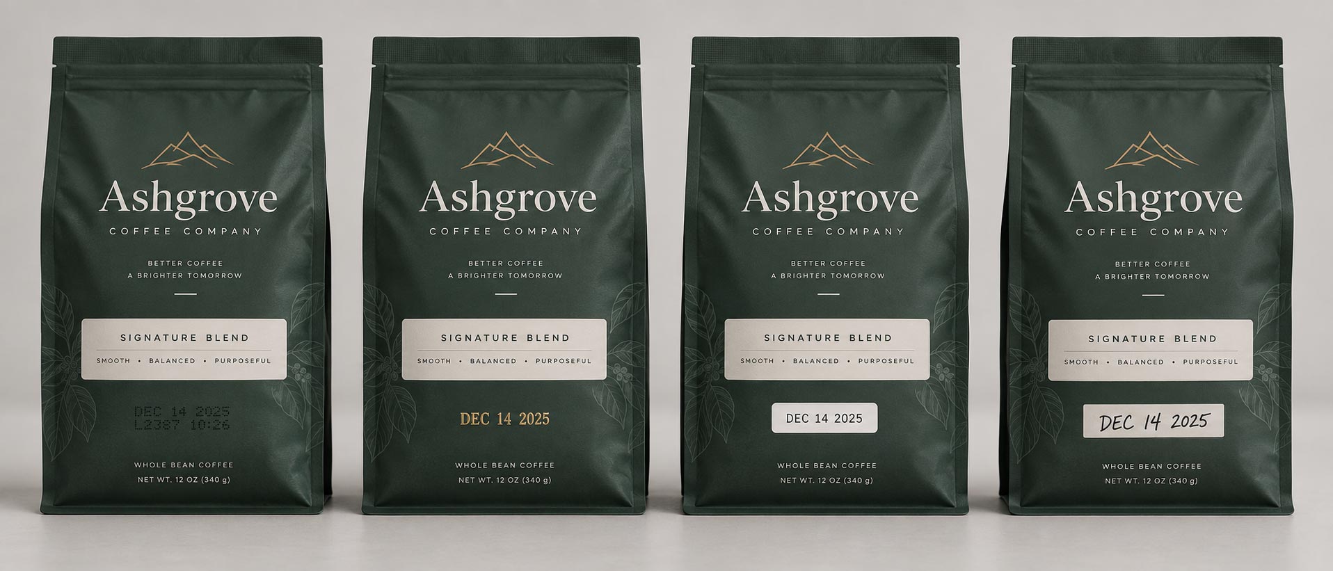 Four coffee bags in a row, each showing the roast date applied a different way: an inkjet code, a hot stamp, a printed label, and a handwritten blank panel