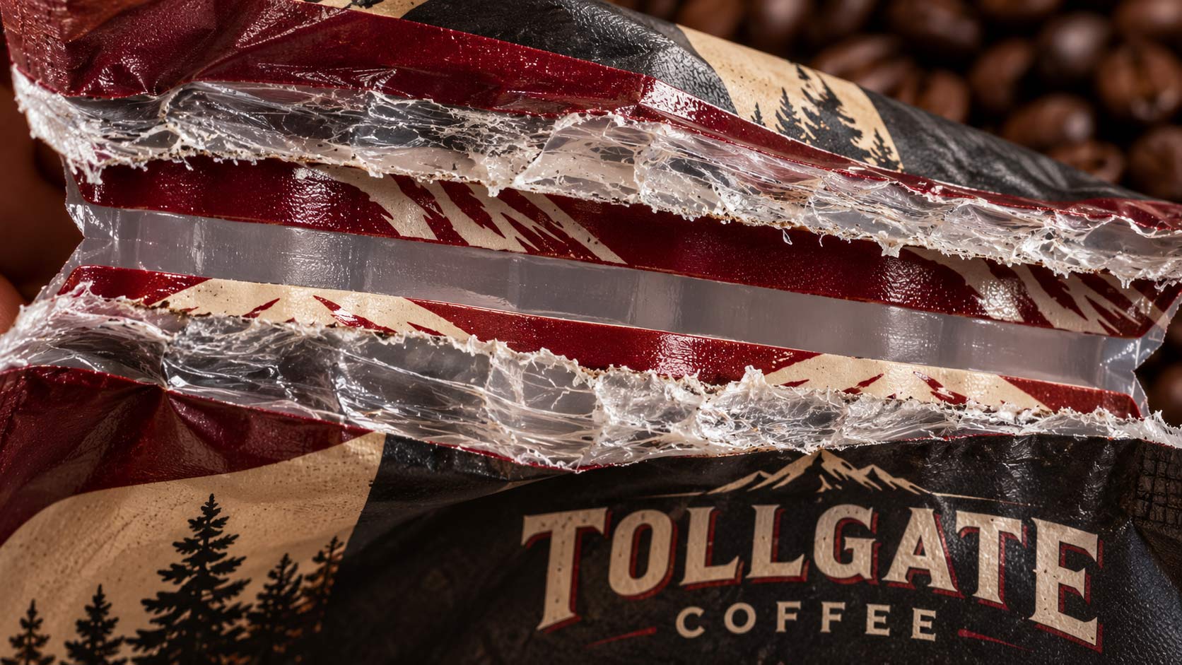 Un sellado de bolsa de café abierto mostrando una banda limpia sin soldar donde la tinta impresa entró en la zona de sellado