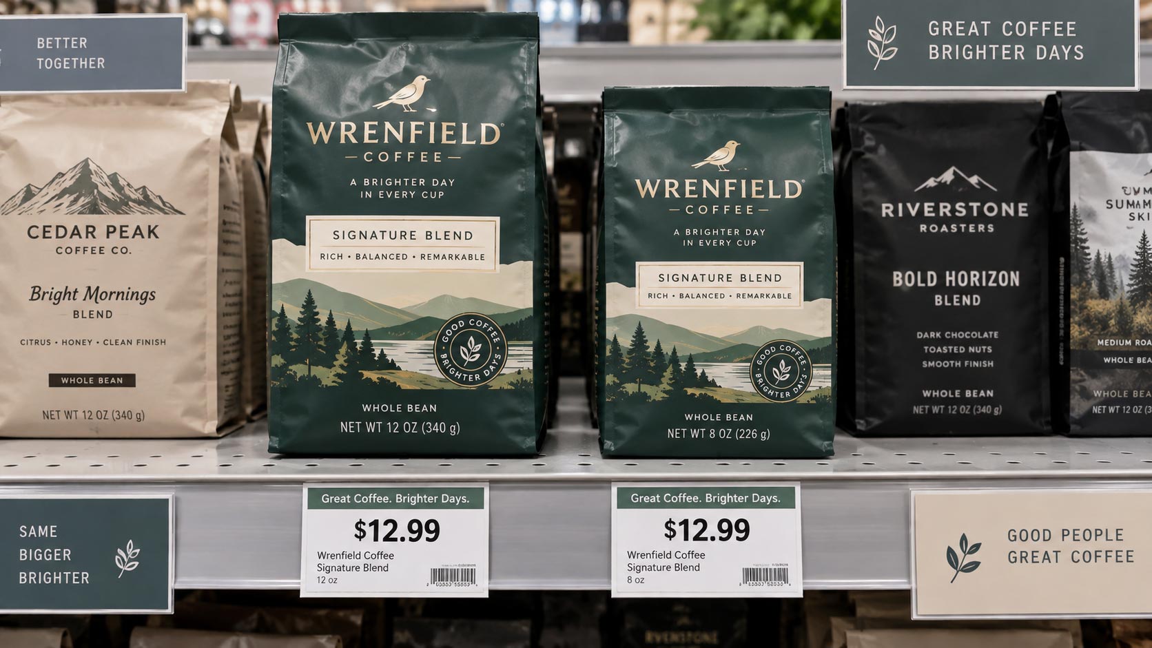 A 12 oz and an 8 oz coffee bag side by side on a shelf carrying the same price tag, showing coffee bag shrinkflation directly