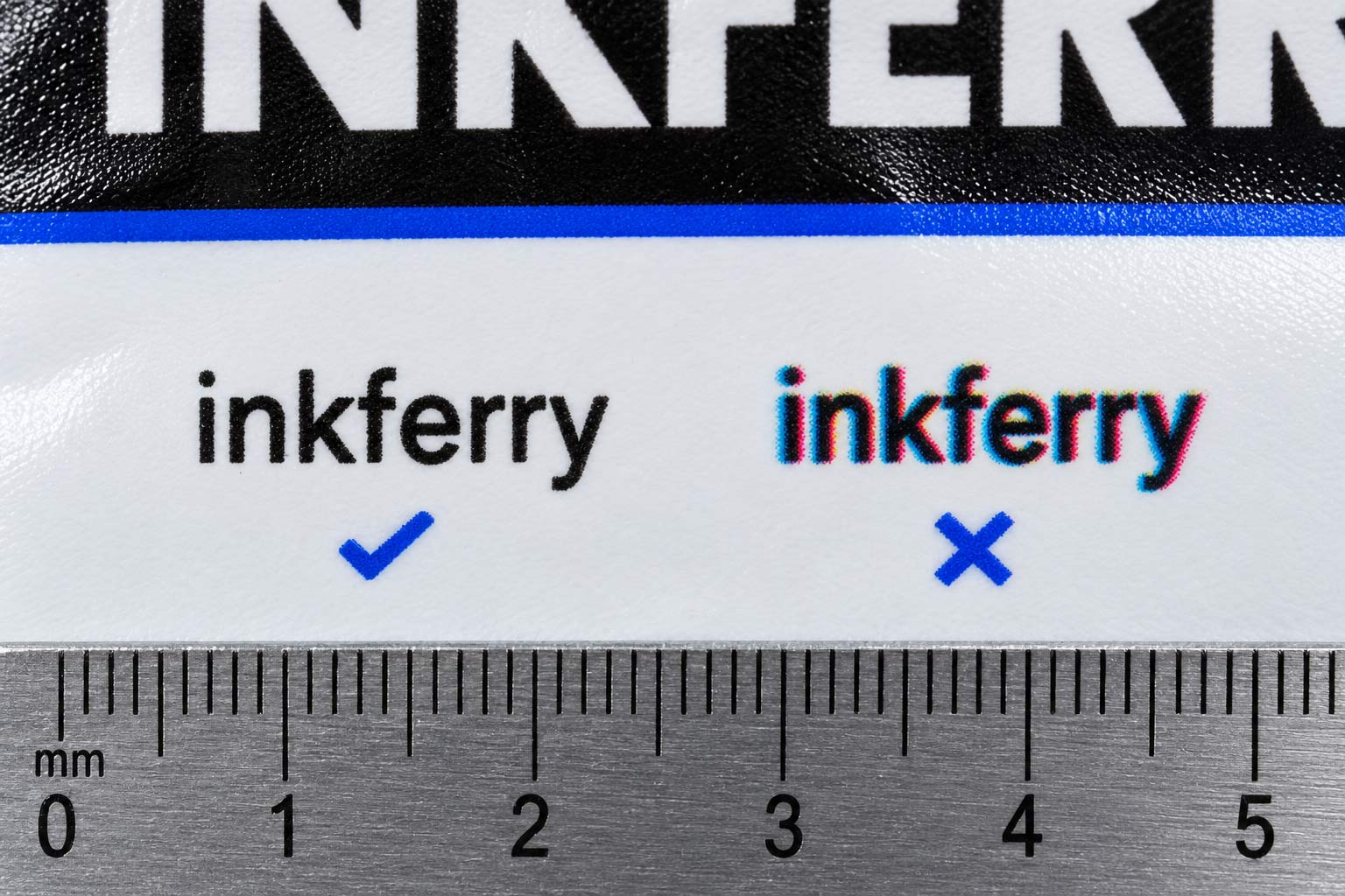Macro comparison of small coffee bag text printed in one solid black ink beside the same text built from four colors with a colored fringe
