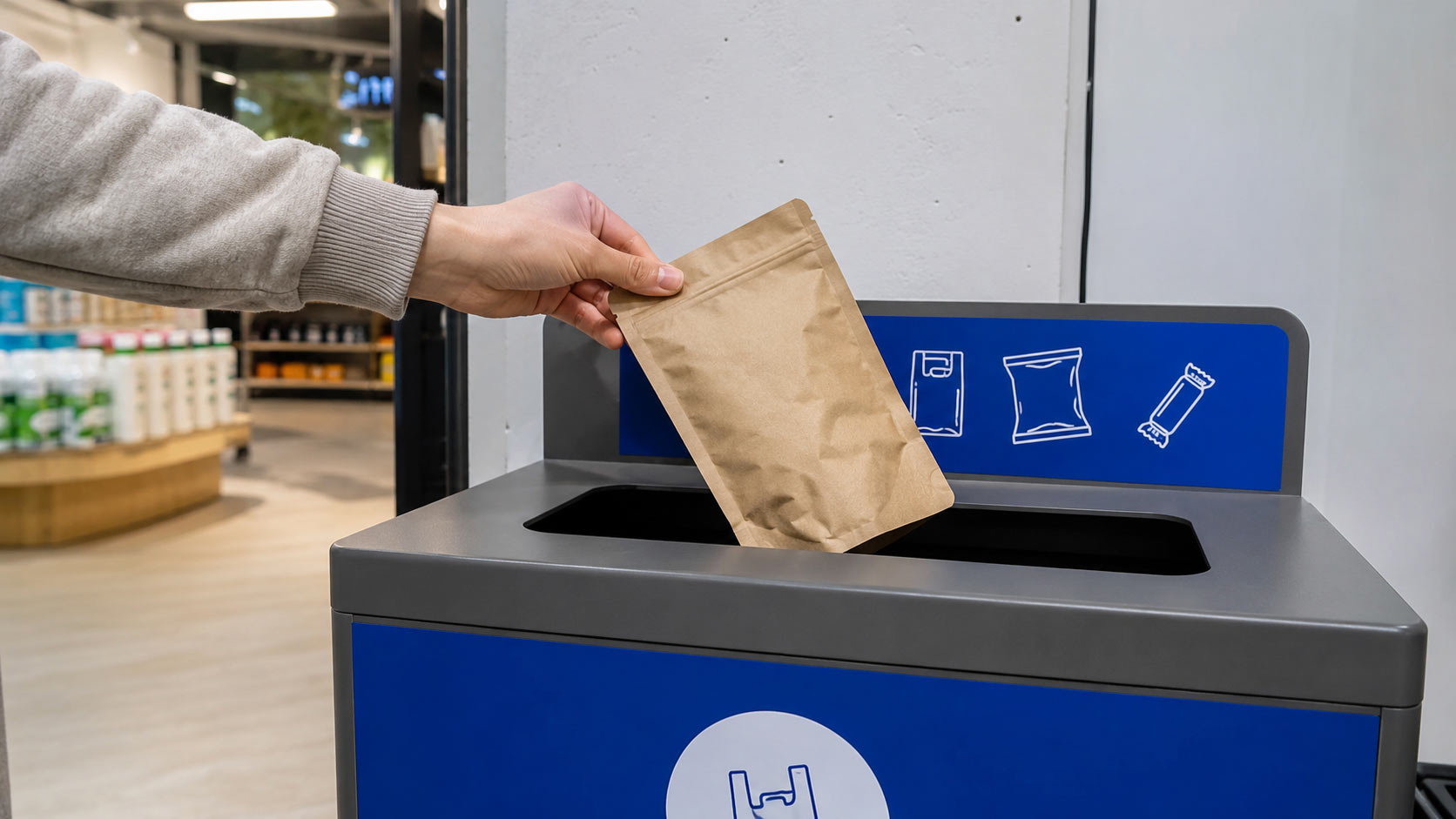 An empty flattened coffee bag being placed into a store front film recycling collection bin