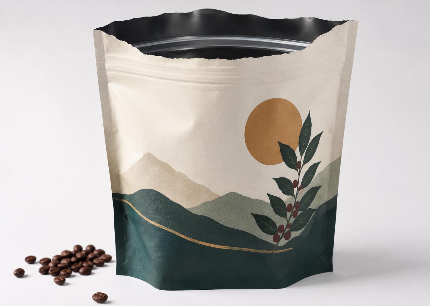 An opened custom coffee bag torn cleanly at the top with a resealable zipper just below the tear line, showing easy open and easy reseal together