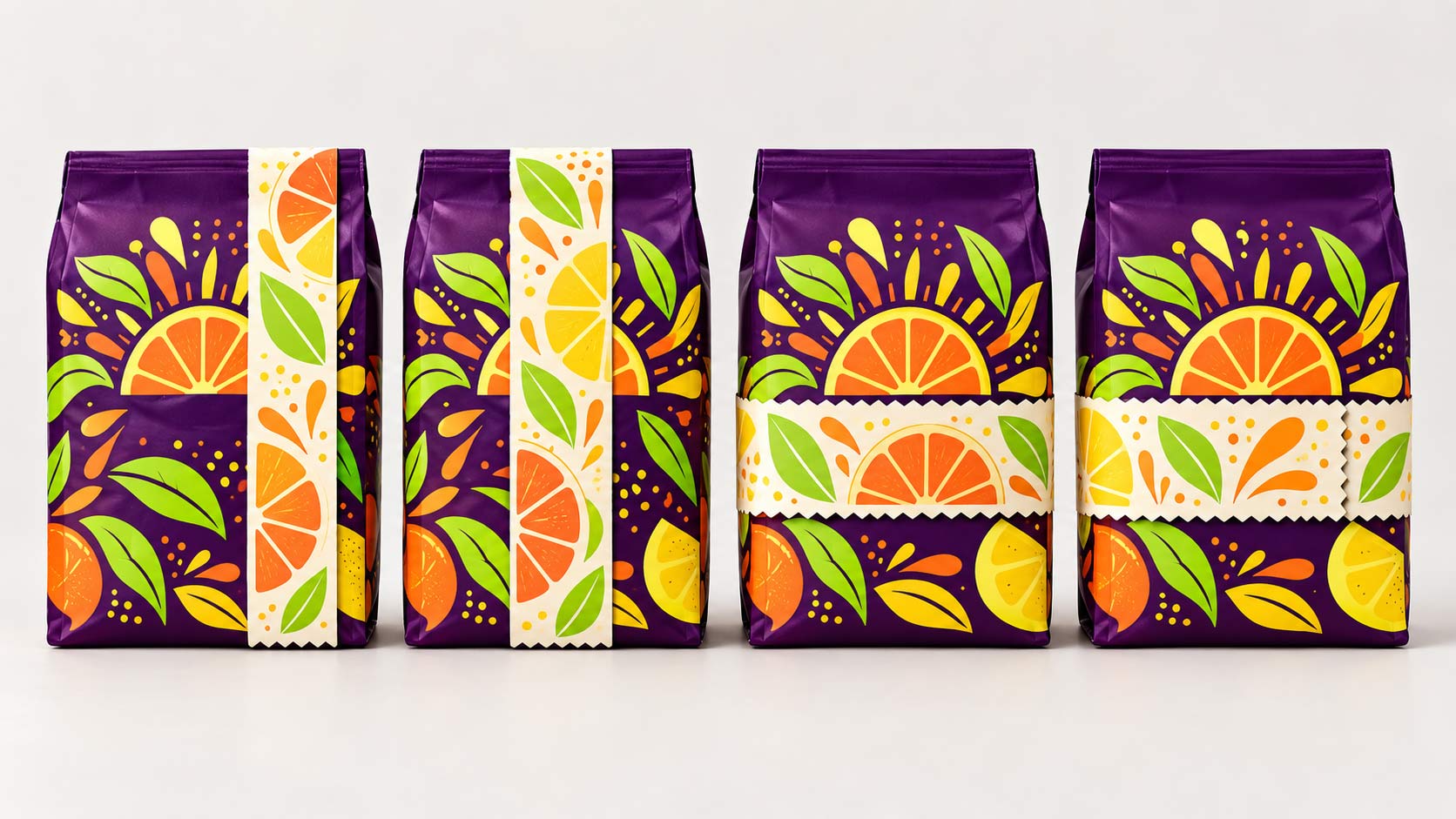 Four coffee bags showing a vertical half wrap over the top, a vertical full wrap, a horizontal half wrap across the front, and a horizontal 360 band all the way around