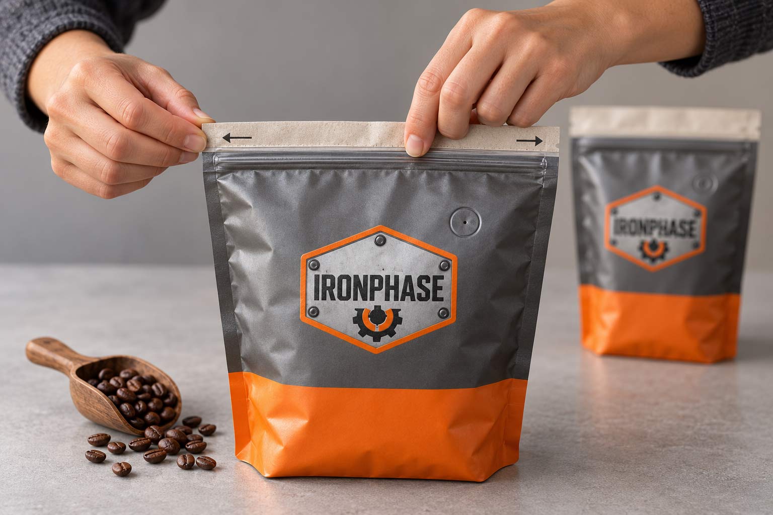 Hands pressing a coffee bag zipper closed from one corner to the other, with a small printed reminder near the top of the bag