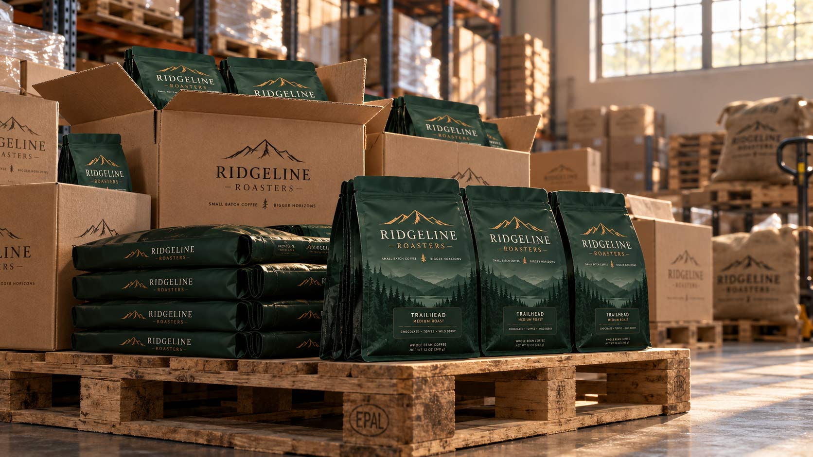 Bolsas de café terminadas apiladas en una tarima dentro de una bodega, reposando antes de empacarse y enviarse
