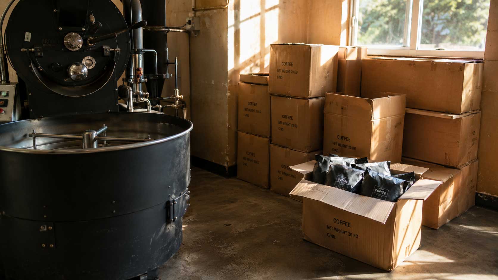 Cartons of unfilled coffee bags stacked on the floor in a hot corner beside a working coffee roaster