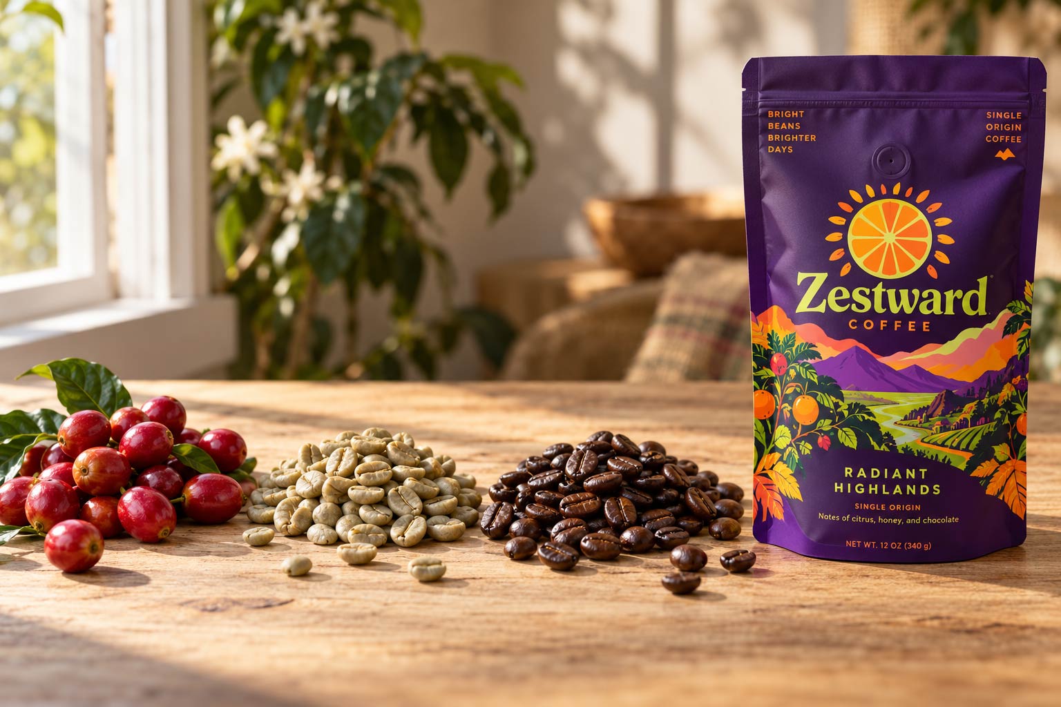 Un recorrido de izquierda a derecha sobre una superficie de madera: cerezas de café rojas maduras, luego una semilla de café verde pálida, luego un grano tostado oscuro, terminando en una bolsa de café de origen único impresa y terminada