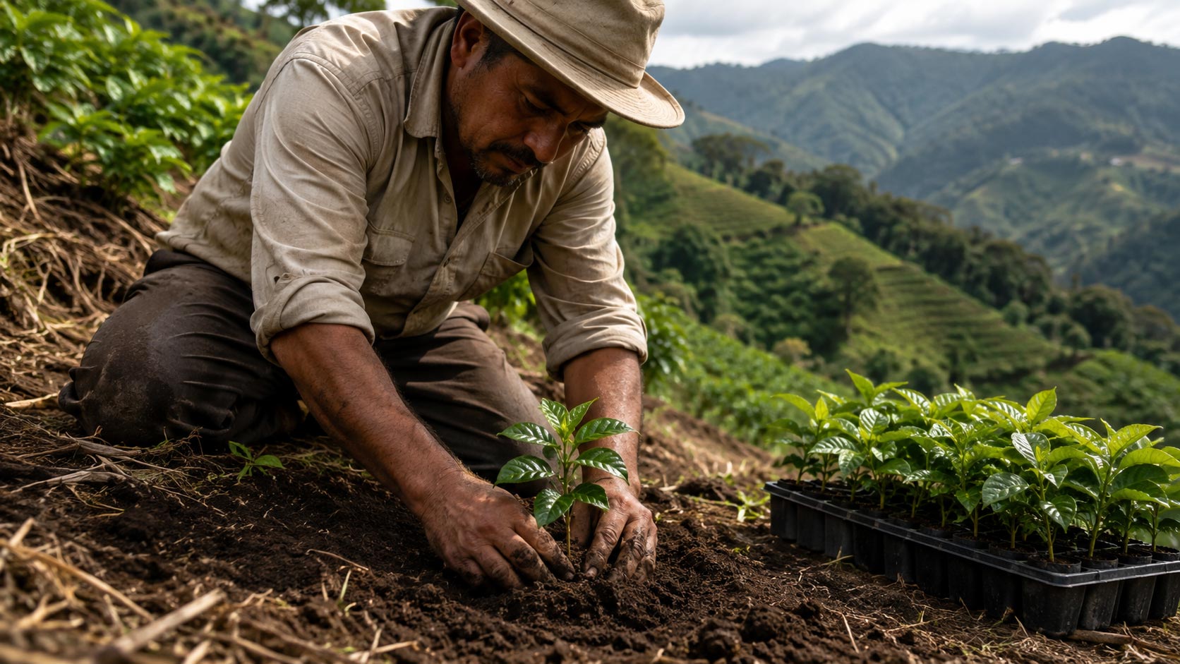 Un caficultor de Puerto Rico revisando sus plantas de café tras el paso de la tormenta en la montaña